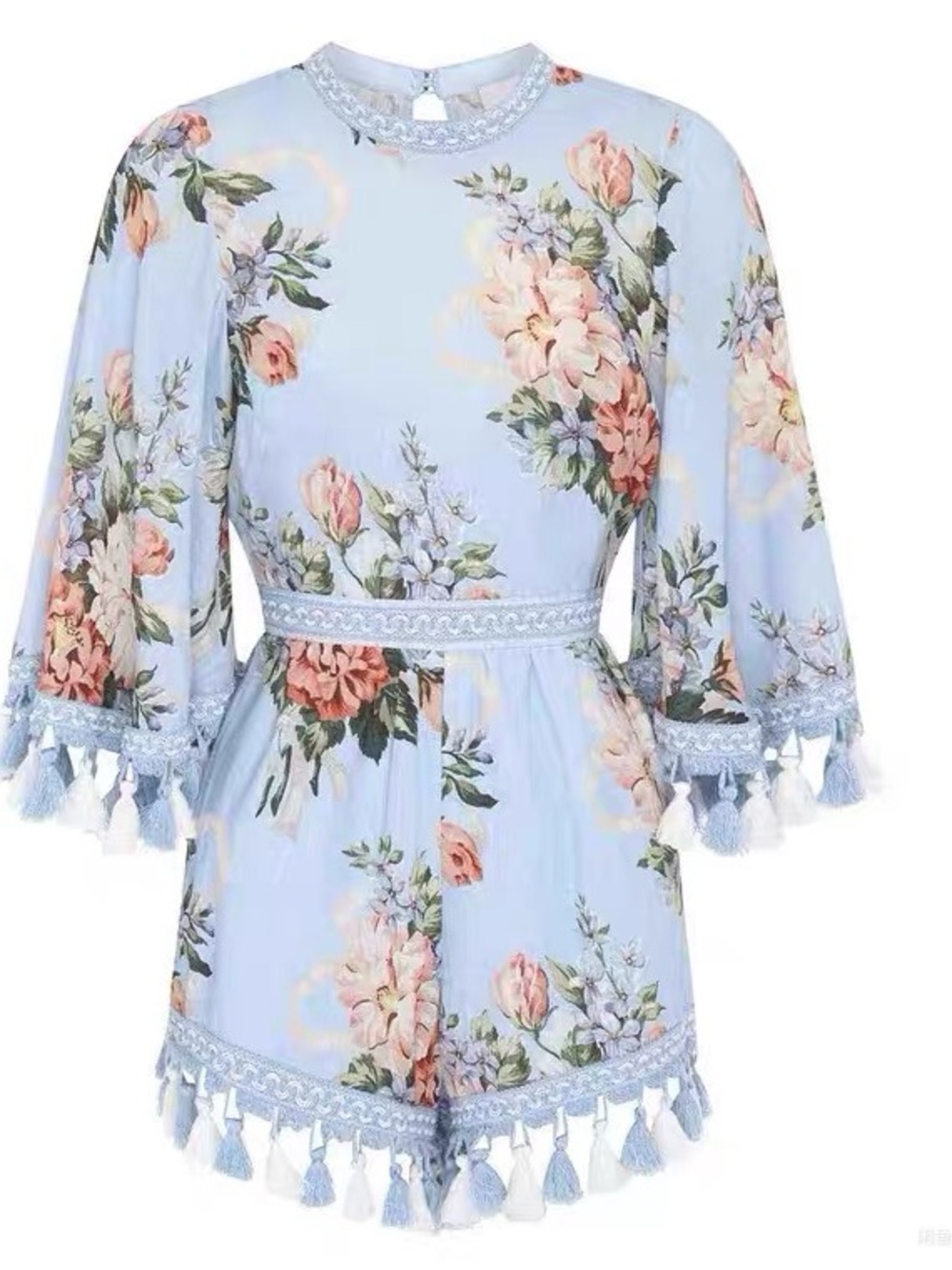 ALICE MCCALL Magic Moment blue linen floral fringed trim playsuit US2